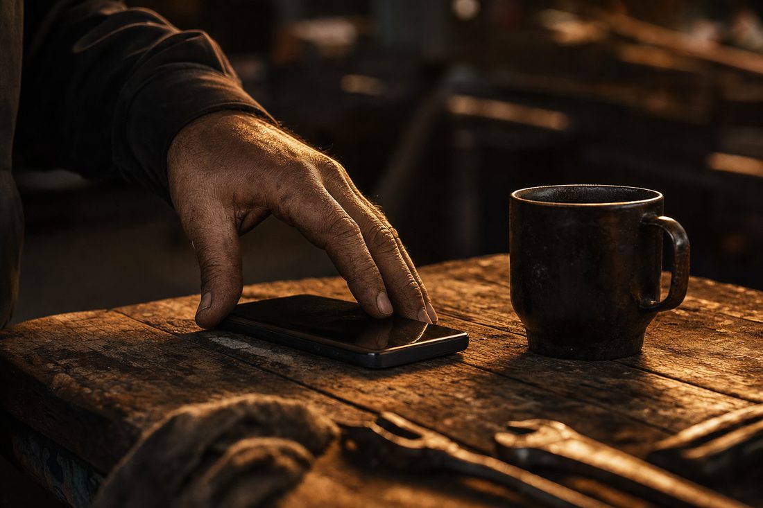 A weathered hand resting on a phone at a workbench in warm light, taking a quiet moment before replying