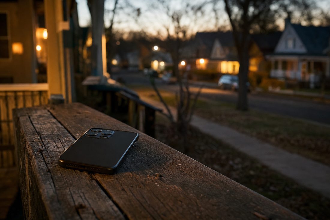 A phone resting on a porch railing at dusk with warm lights glowing in the neighborhood behind it