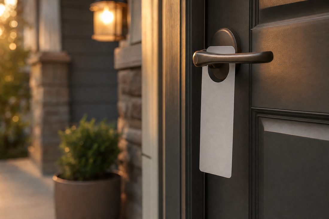 A simple printed door hanger resting on a front door handle of a home in warm afternoon light
