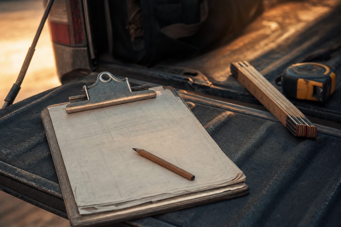 A clipboard with a written estimate and a pencil resting on a tailgate in warm light