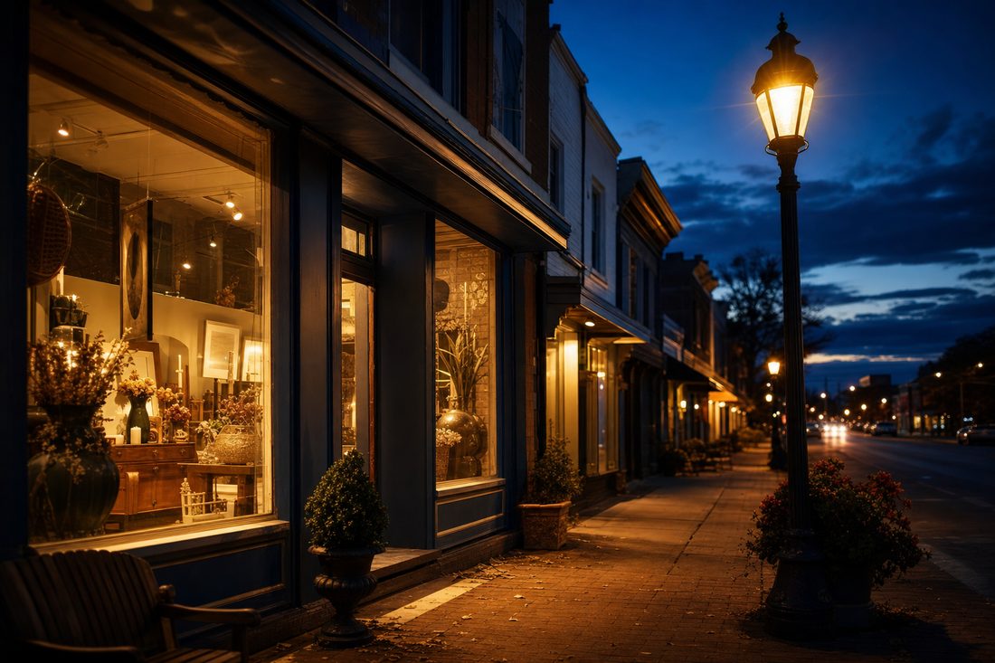 A storefront with a warmly lit sign at dusk