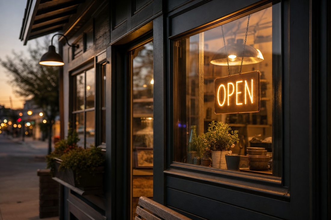 A hand-lettered open sign glowing in the window of a small local shop at dusk