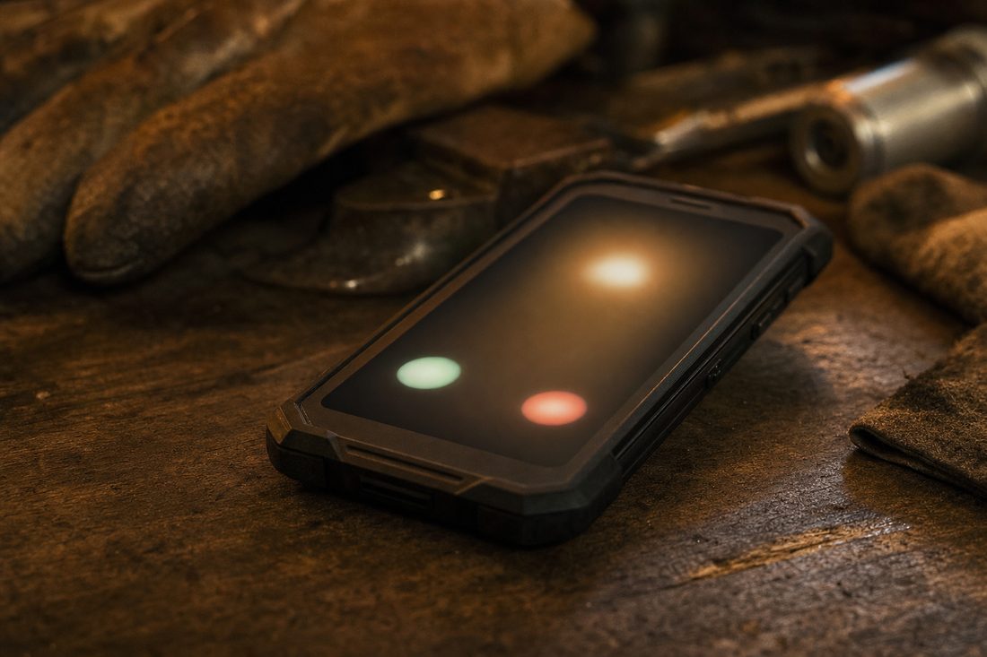A work phone lit up with an incoming call resting on a workbench in warm light