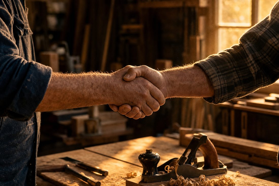 Two weathered hands shaking in a warm workshop, sealing a deal