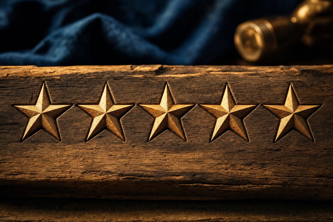 Five gold stars carved into a wooden sign