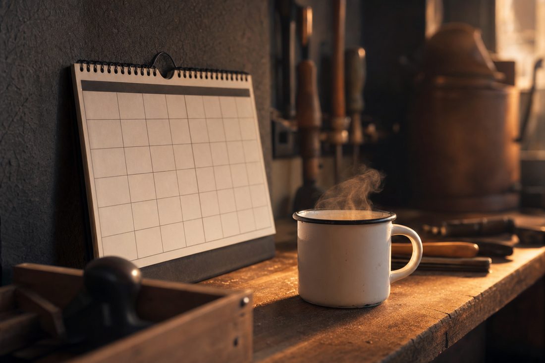 A calendar and a mug on a workshop bench in warm morning light with tools nearby