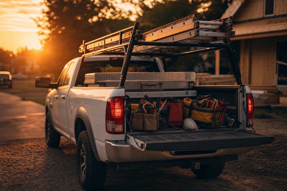 A clean work truck parked outside a job site at golden hour with ladders and gear in the bed