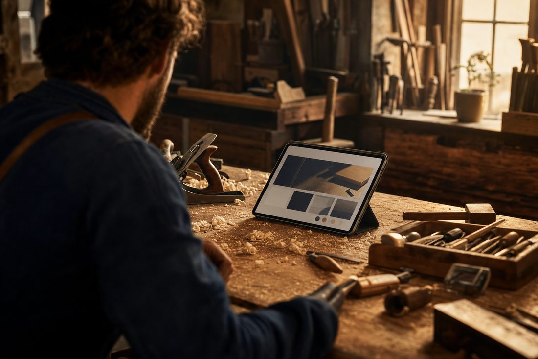 A craftsman reviewing a simple website on a tablet in a workshop