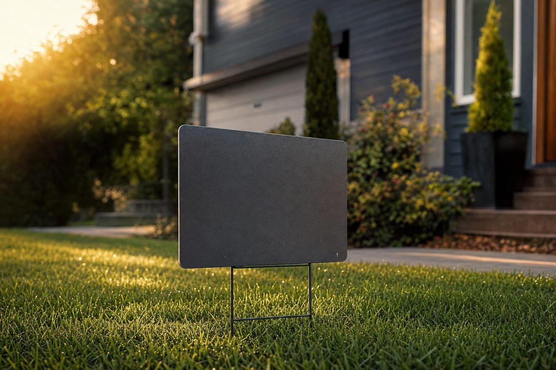 A blank yard sign staked in a freshly finished lawn in front of a home in warm afternoon light