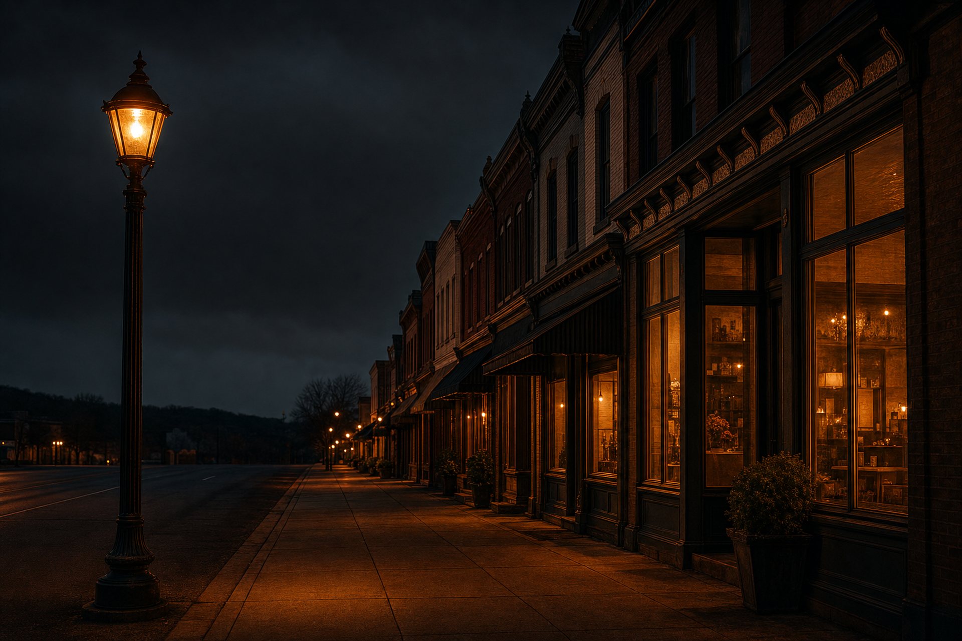 A quiet main street at dusk lit by a streetlamp