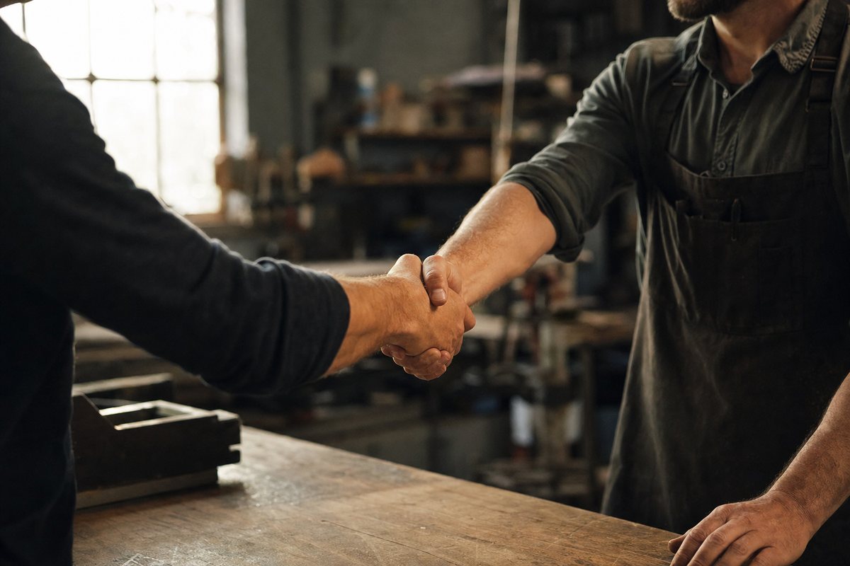 A business owner and a marketing partner shaking hands across a workshop counter