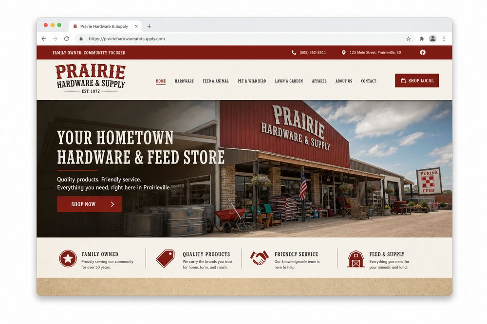 Homepage of a website built for a family hardware and feed store